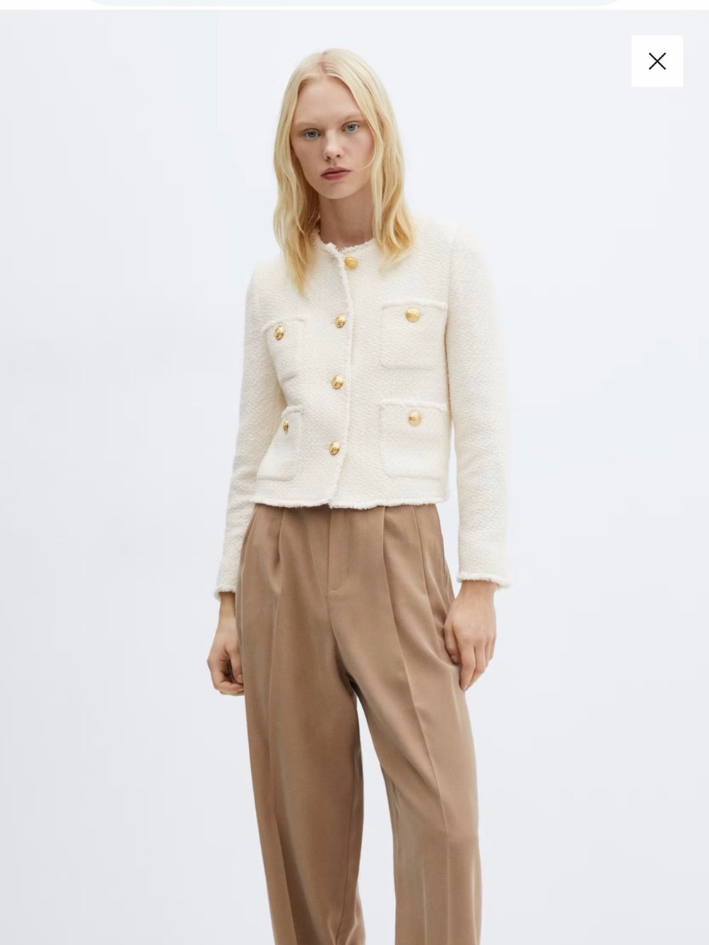 Mango Ivory Tweed Collarless Jacket Gold Buttons